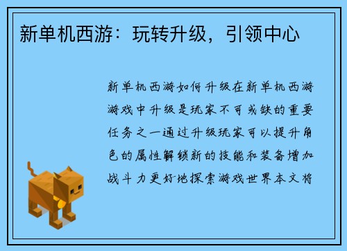新单机西游：玩转升级，引领中心